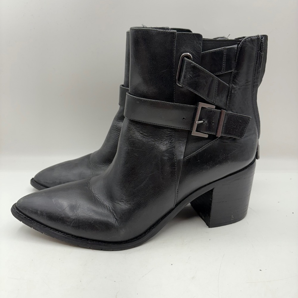 Kenneth Cole Quincie Black Leather Ankle Boots Buckle Zip Block Heel 9.5M
